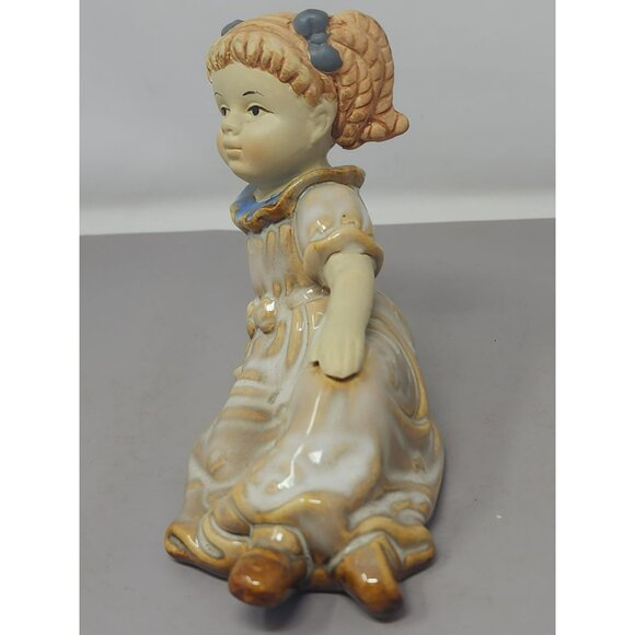 Vintage Handcrafted Ceramic Girl Figurine Dress Pigtails Blue Bow & Brown Shoes‎ - Picture 2 of 11